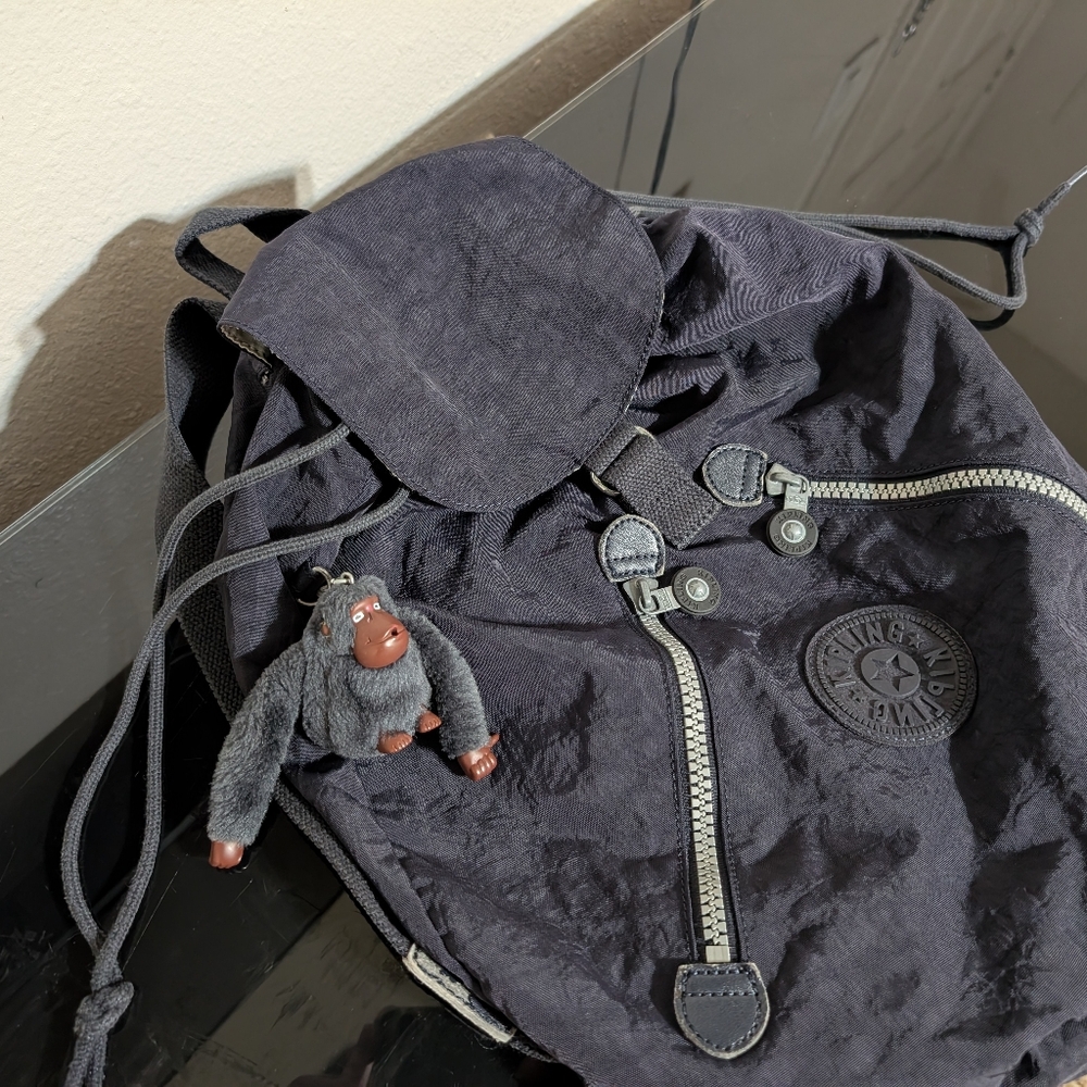 Vintage Kipling Drawstring Flap Backpack Bag Zip … - image 3